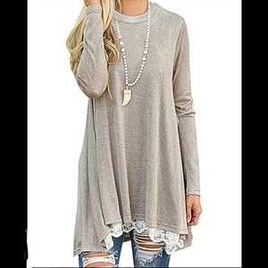 NWOT Women's Crew Neck Long Sleeve Lace Splicing Swing Shirt Long Tunic XXL